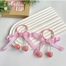 Efna Store Kiraz ve Pötikare Fiyonk Figürlü Pembe Beyaz Renk 9 cm Çiftli Lastik Toka(1 Adet)