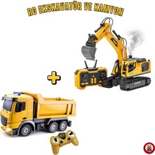 Giffy Oyuncak 2.4 Ghz Uzaktan Kumandalı Rc Ekskavatör ve Hafriyat Kamyonu Seti Şarjlı Buharlı Metal Kepçeli Işıklı Sesli Iş Makinesi Seti