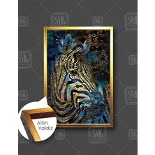 SML Tablo Lacivert ve Gold Desenli Zebra Dijital Çizim Hayvan Dekor Dikey Çerçeveli Kanvas Tablo