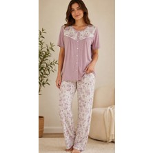 24884-NENA Patlı Önden Açık Robalı Kısa Kollu % 100 Pamuk Holly Pijama Takımı