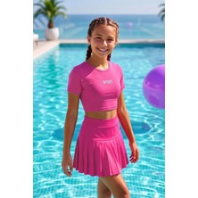 Haliç Mayo Kısa Kol Üst Şortlu Etekli Kız Çocuk Yüzücü Mayo 26604 Neon Pembe