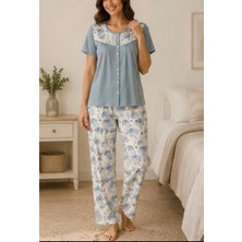 24884-NENA Patlı Önden Açık Robalı Kısa Kollu % 100 Pamuk Holly Pijama Takımı