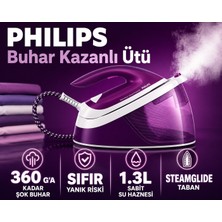 Philips Mor Gövdeli Kompakt Kullanım Odaklı Buhar Kazanlı Ütü, 6 Bar Basınç, 360 G Şok Buhar, 1,3 L Su Haznesi, Pratik Kullanım ve Güçlü Kırışıklık Açma Performansı