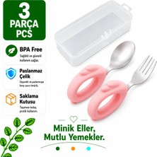 Jojobebek Tavşan Figürlü Pembe Premium Çocuk Bpa Free Silikon Saplı Paslanmaz Çelik Uçlu Çatal-Kaşık, (9+ Ay)