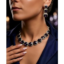 Eva Takı Store Riviere Kristal Taşlı Çiçek Model Mor Renkli Kolye Küpe Set