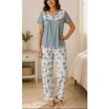 24881-NENA Robalı Patlı Yuvarlak Yaka Kısa Kollu % 100 Pamuk Holly Pijama Takımı