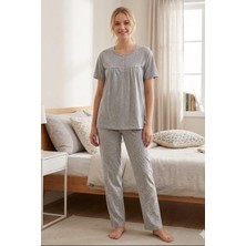 24821-NENA Valeria Yuvarlak Yaka Patlı Robalı Kısa Kollu % 100 Pamuk Pijama Takımı