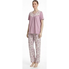 24881-NENA Robalı Patlı Yuvarlak Yaka Kısa Kollu % 100 Pamuk Holly Pijama Takımı
