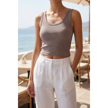 Liarca Premium Fitilli Esnek Kumaş Kadın Gri Crop Atlet - U Yakalı Spor ve Şık Basic Bluz - Yumuşak Dokulu Slim Fit Yazlık Üst