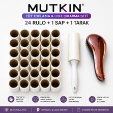 Mutkin Mutkın 24’lü Tüy Toplama Rulosu Seti + Sap + Saç Açıcı Tarak | Her Rulo 60 Yaprak Yapışkanlı Temizleme Rulosu