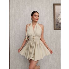 Esra Helvacı Boyundan Bağlamalı  Mini Elbise