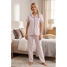 24819-NENA Ephes Yakalı Önden Açık % 100 Pamuk Pijama Takımı