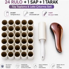 Mutkin Mutkın 24’lü Tüy Toplama Rulosu Seti + Sap + Saç Açıcı Tarak | Her Rulo 60 Yaprak Yapışkanlı Temizleme Rulosu