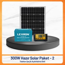 300W Hazır Solar Paket - 2 | Telefon Şarj & Aydınlatma Seti | 55W Monokristal Panel + Pwm Şarj Kontrollü Off-Grid Güneş Enerji Sistemi