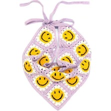 ORGANICMIRA Kadın Örgü Saç Bandanası - Retro Smiley Gülen Yüz Motifli Tığ Işi Crop Saç Eşarbı, Festival ve Plaj Tarzı