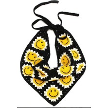 ORGANICMIRA Kadın Örgü Saç Bandanası - Retro Smiley Gülen Yüz Motifli Tığ Işi Crop Saç Eşarbı, Festival ve Plaj Tarzı