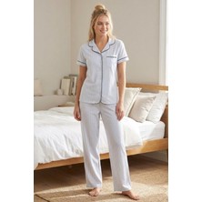 24819-NENA Ephes Yakalı Önden Açık % 100 Pamuk Pijama Takımı