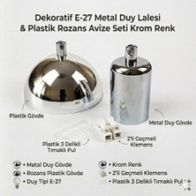 Retro Vitrini Dekoratif E-27 Duy Lalesi & Plastik Rozans Avize Seti Krom Renk