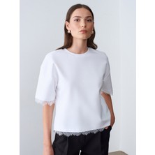 Dilvin 32826 Dantel Detaylı Kısa Kollu T-Shirt-Beyaz
