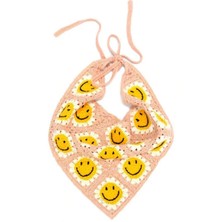 ORGANICMIRA Kadın Örgü Saç Bandanası - Retro Smiley Gülen Yüz Motifli Tığ Işi Crop Saç Eşarbı, Festival ve Plaj Tarzı