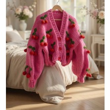 ORGANICMIRA Kirazlı Pembe Ceket Kadın Crop Oversize Hırka Kiraz 3D Chunky Cardigan