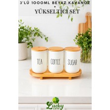 Lucky Love Bambu Lüks Ayaklı Yükseltici ve 3'lü Tea-Coffee-Sugar Cam Kavanoz Seti (1000 Ml)