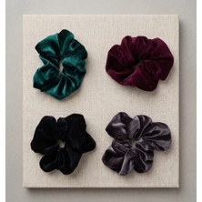 Asel Aksesuar 4'lü Set Koyu Tonlar Düz Desen Kadife Kumaş Büzgülü Scrunchie Lastik Toka