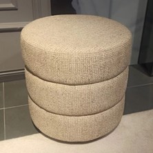 Showdeko Krem Lüks Dokuma Kumaşlı Yuvarlak Ahşap Tabanlı Puf Ç55XY58CM