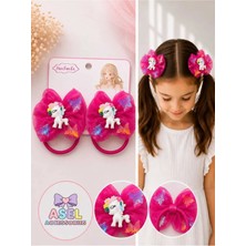 Asel Aksesuar 2'li Set Kelebek Desenli Tül Fiyonk ve Unicorn Figürlü Kız Çocuk Lastikli Toka - 4 Farklı Renk
