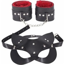 Sınırsızmarket Kırmızı Deri Kelepçe ve Kedi Maskesi Seti, Metal Zincirli, Kadife Astarlı
