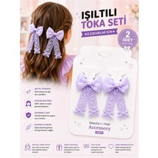 Asel Aksesuar 2'li Set Uzun Dantel Şeritli ve Fiyonk Kurdeleli Işıltılı Kız Çocuk Pens Saç Tokası