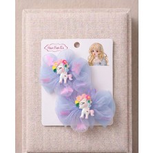 Asel Aksesuar 2'li Set Kız Çocuk Tül Fiyonklu Kelebek Detaylı Unicorn ve Pony Figürlü Lastik Toka