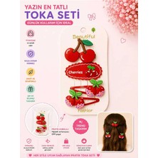 Asel Aksesuar 4'lü Set Kırmızı Kiraz Figürlü Yazlık Çocuk Saç Tokası Seti - Çıtçıt ve Klipsli Toka