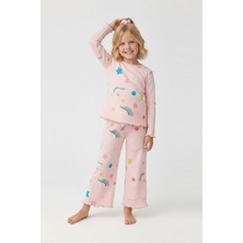 Isobel Ideal Sepet- Yeni Sezon Pembe Gökkuşağı Desenli %100 Pamuk Kız Çocuk Pijama Takımı 8-13