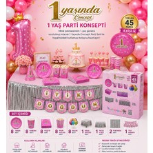 Dizayn Parti Evi 1 Yaşında Pembe Doğum Günü Parti Seti 8 Kişilik 45 Parça Konsept Kutlama Seti