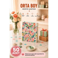 DAKS 50 Adet (23 x 18 x 10 Cm) - Pastel Yeşil Çiçekli Orta Boy Karton Hediye Çantası