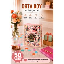 DAKS 50 Adet (23 x 18 x 10 Cm) - Doğum Günü Pastalı Çiçek Desenli Orta Boy Karton Hediye Çantası