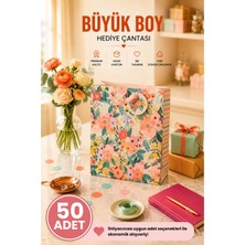 DAKS 50 Adet (32 x 26 x 14 Cm) - Pastel Pembe Çiçekli Büyük Boy Karton Hediye Çantası