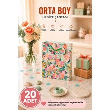 DAKS 20 Adet (23 x 18 x 10 Cm) - Pastel Yeşil Çiçekli Orta Boy Karton Hediye Çantası