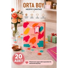DAKS 20 Adet (23 x 18 x 10 Cm) - Pastel Pembe Renkli Fırça Desenli Orta Boy Karton Hediye Çantası