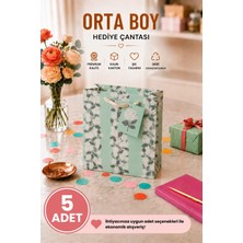 DAKS 5 Adet (23 x 18 x 10 Cm) - Mint Çiçek Desenli Orta Boy Karton Hediye Çantası