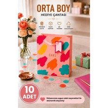 DAKS 10 Adet (23 x 18 x 10 Cm) - Pastel Pembe Renkli Fırça Desenli Orta Boy Karton Hediye Çantası