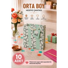 DAKS 10 Adet (23 x 18 x 10 Cm) - Mint Çiçek Desenli Orta Boy Karton Hediye Çantası