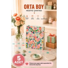 DAKS 5 Adet (23 x 18 x 10 Cm) - Pastel Yeşil Çiçekli Orta Boy Karton Hediye Çantası