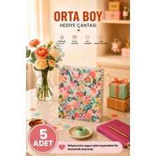 DAKS 5 Adet (23 x 18 x 10 Cm) - Pastel Pembe Çiçekli Orta Boy Karton Hediye Çantası