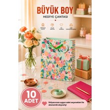 DAKS 10 Adet (32 x 26 x 14 Cm) - Pastel Yeşil Çiçekli Büyük Boy Karton Hediye Çantası