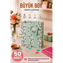 DAKS 50 Adet (32 x 26 x 14 Cm) - Mint Çiçek Desenli Büyük Boy Karton Hediye Çantası