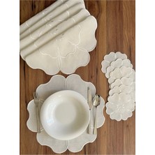Nurhan Home Collection Maison Fleur Ekru Nakışlı 12'li Set, Keten Amerikan Servis ve Kahve Yanı Kokteyl Sunum Peçetesi