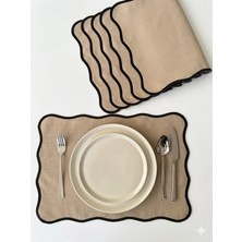 Nurhan Home Collection Pera Dalgalı Serisi Cappuccino Renk Keten Kenarları Siyah Nakış Işlemeli, Amerikan Servis, Supla