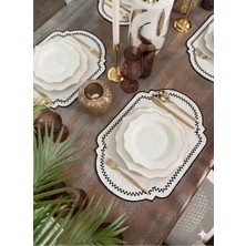 Nurhan Home Collection 6 Adet Siyah Dama Nakışlı Ekru Renk Keten Amerikan Servis, Supla